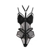 Semi-transparent mesh bodysuit with leather straps tied around the neck