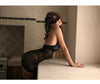 Set of long lace and fishnet bodice tied to the neck with garter belt and thong