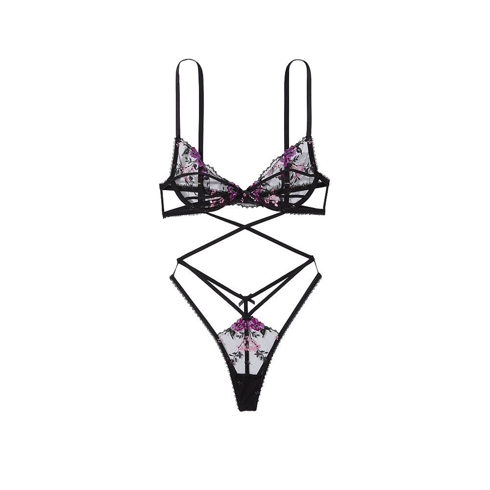 Lace and transparent mesh bra and thong set