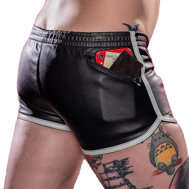 Pantalones cortos de cuero negro con bolsillo - Gym - autopostr_pinterest_48604, gym, Hombre, piel, xxx - 365Briefs -